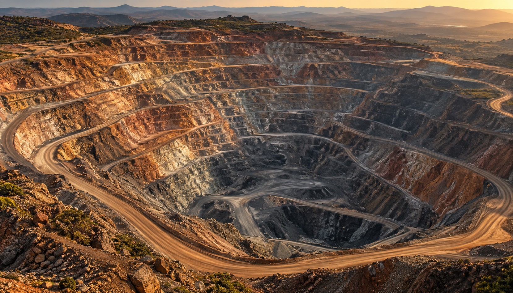 Illustrative aerial view of terraced mining terrain