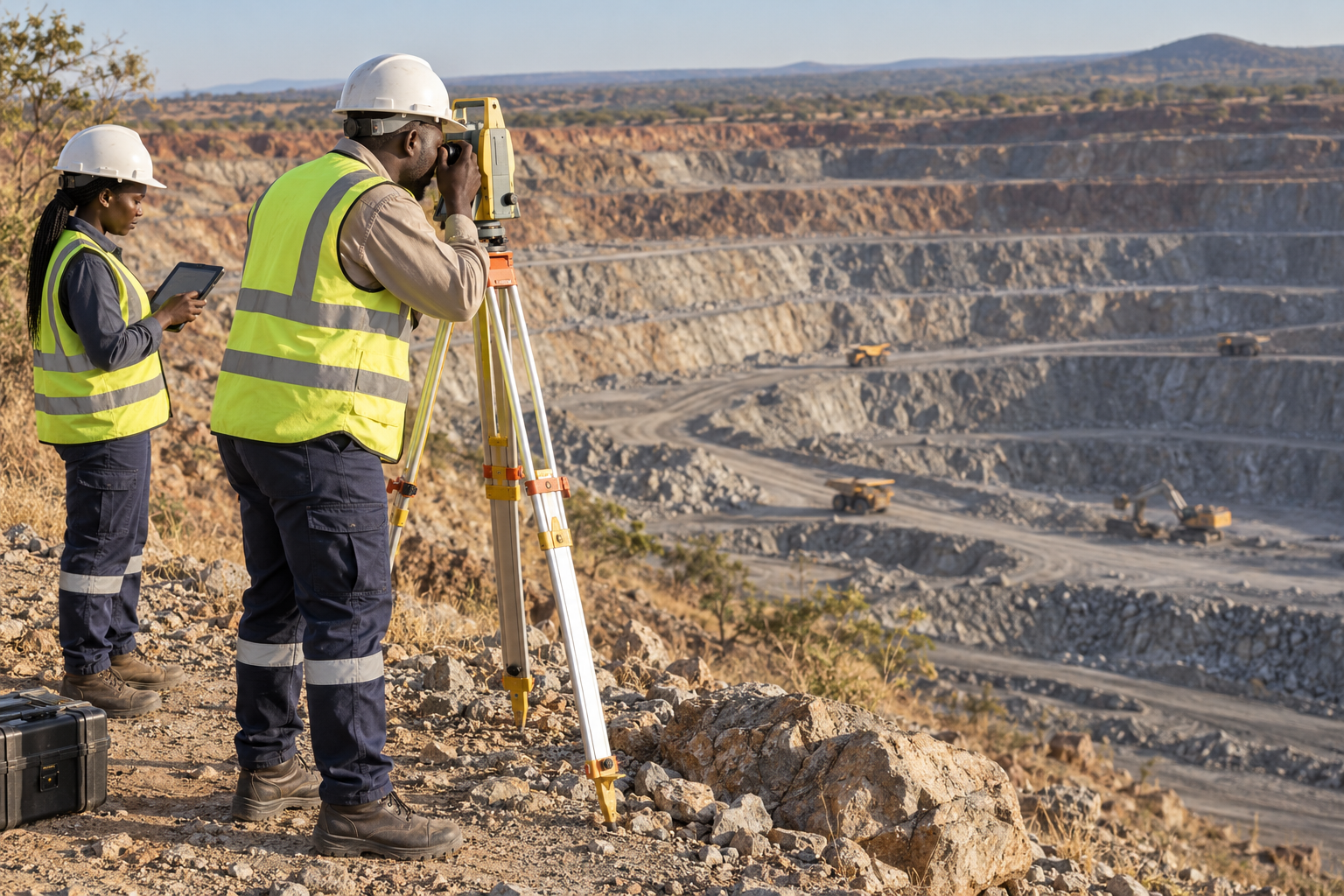 AI-generated illustration: Survey engineers using a total station overlooking a terraced mine