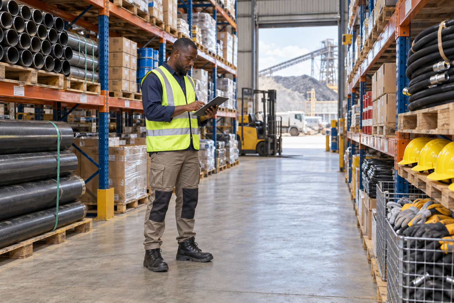 AI-generated illustration: Logistics professional checking mining supplies in an organized warehouse